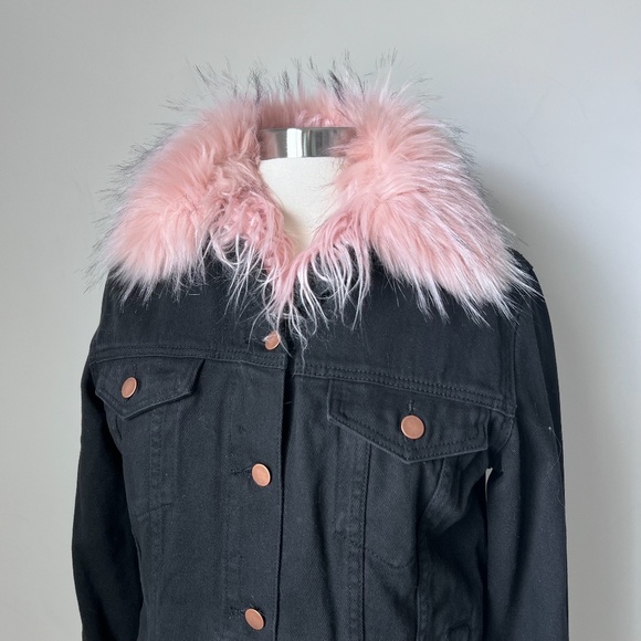 Shaci Fur Jacket Black Jean Jacket Pink Faux Fur - Picture 13 of 16